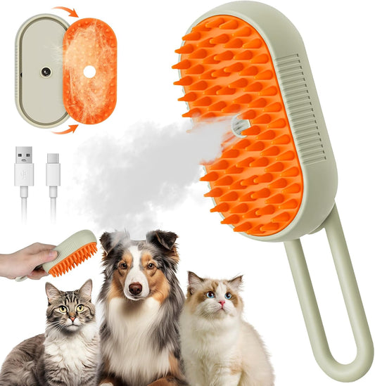 TippyCare animal Steam Brush, 3 In 1 Pet Hair Brush with Water Misting, Steamy Shedding Brush Massager with 360° Foldable Handle for Small, Medium, and Large Indoor Pets (Cream)